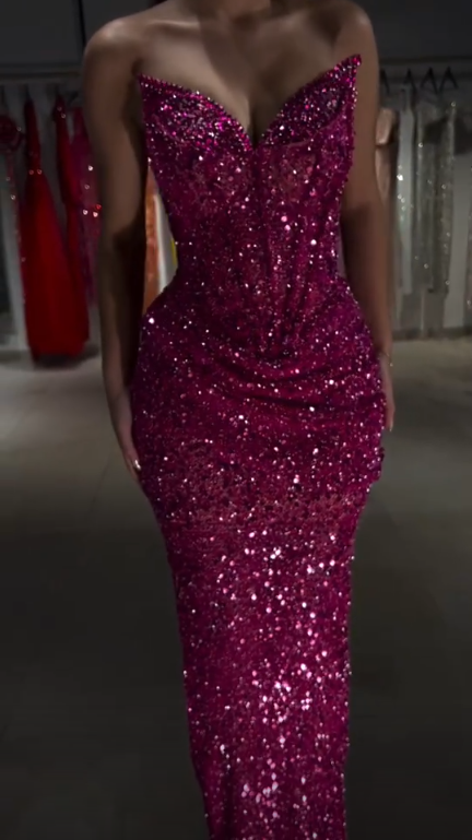 Gorgeous Hot Pink Strapless Sequin Beaded Long Party Dress Evening Dress D4346