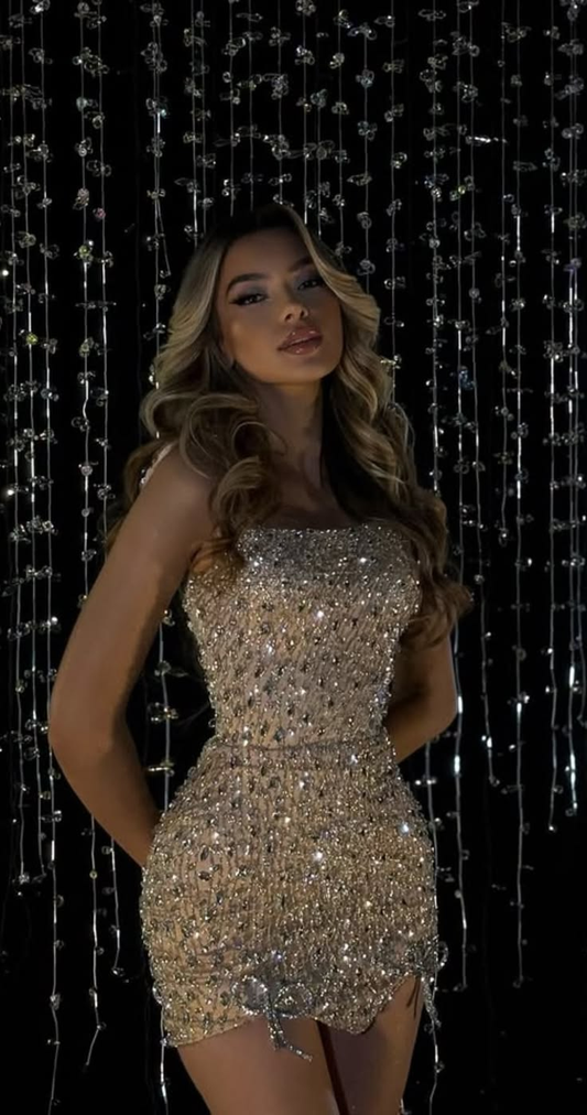 Elegant Champagne Satin Beaded Sheath Short 8th Grade Homecoming Dress,Mini 16th Birthday Outfits D3305
