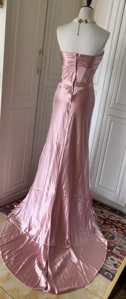 Fashion Strapless Satin Pleated Beaded Mermaid Party Gown,Pink Long Evening Dress D3109