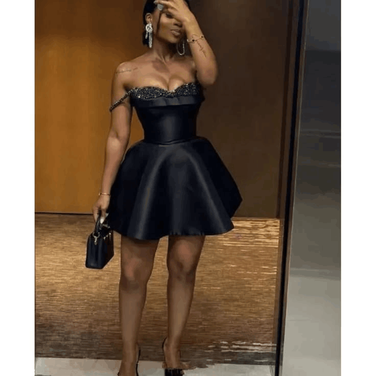 Gorgeous Spaghetti Strap Black Satin Beaded Short Homecoming Dress Cocktail Dress D4659