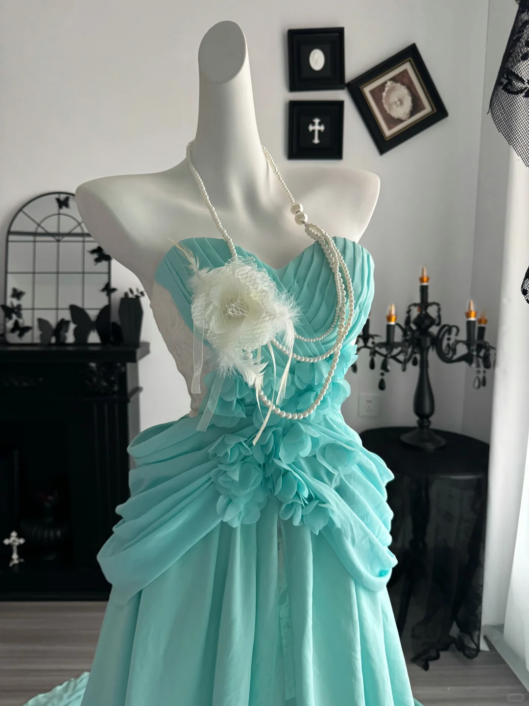 Classy Strapless Mint Green Lace Chiffon Prom Dress Sweetheart Neck High Slit Long Evening Gown D3718