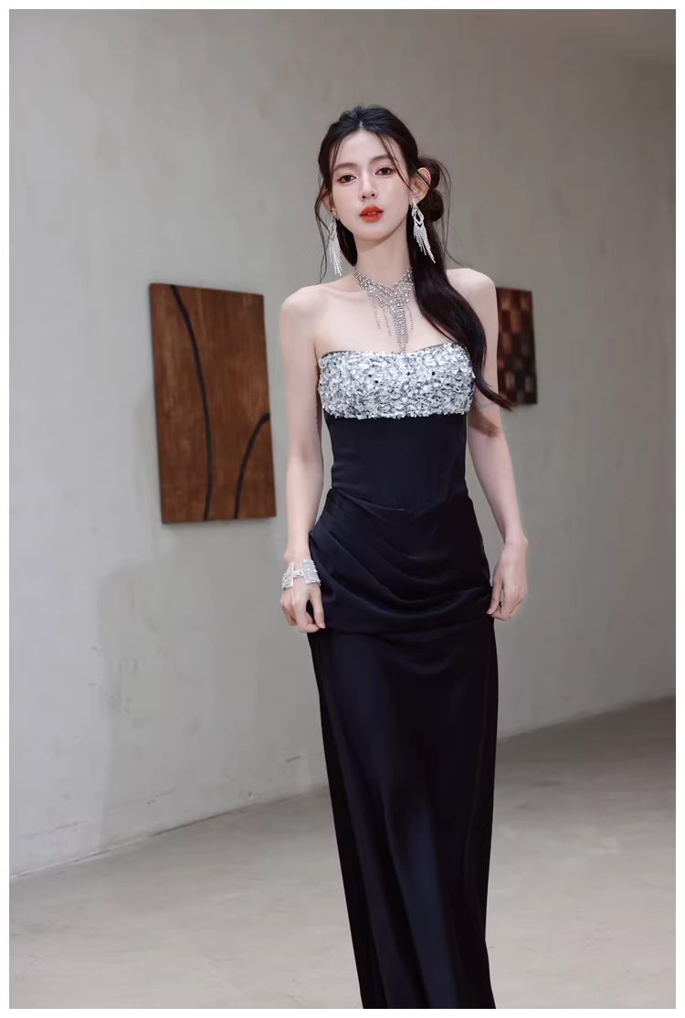 Fashion Black Strapless Satin Sequin Beaded Mermaid Evening Dress Long Wedding Guest Dress D2453