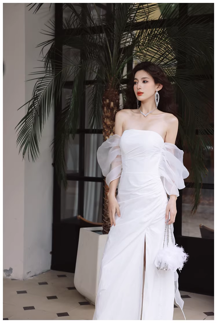 Classy Off The Shoulder White Satin Slit Mermaid Long Party Dress Birthday Evening Dress D2421