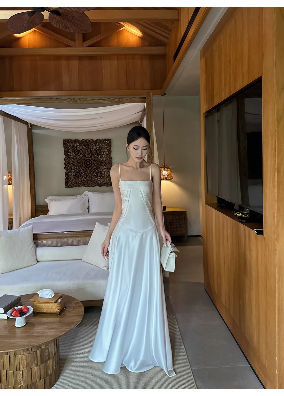 Classy Spaghetti Straps White Satin A Line Long Birthday Evening Dress Formal Wedding Guest Dress D2128