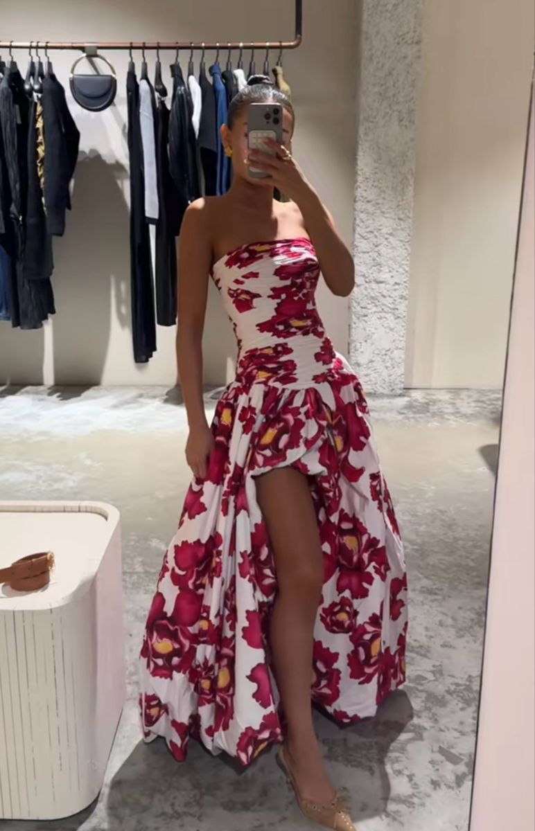 Charming Pink Strapless Satin Pleated Printed Floral Long Prom Dress Birthday Evening Dress D4783