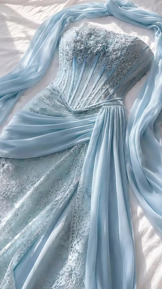 Charming Strapless Light Blue Lace Chiffon Slit Mermaid Long Party Dress Evening Gown D4620