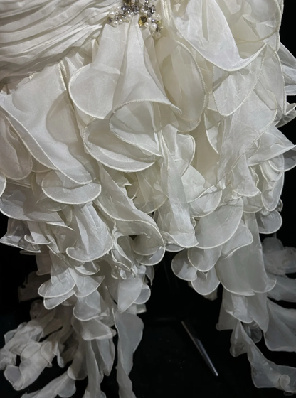 Elegant Strapless Off White Chiffon Pleated Ruffles Mermaid Evening Dress Long Prom Dress D3122