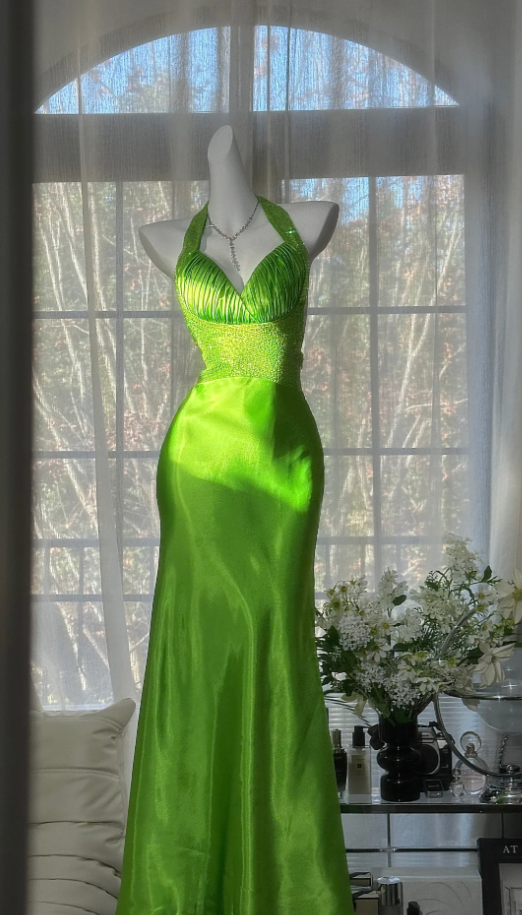 Unique Green Halter Satin Beaded Mermaid Party  Dress Backless Long Evening Dress Wedding Guest Dress D2103