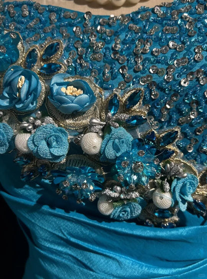 Glamorous Blue Satin Beaded 3D Floral Short Graduation Homecoming Dress.Spaghetti Straps A Line Mini Birthday Dress D3388