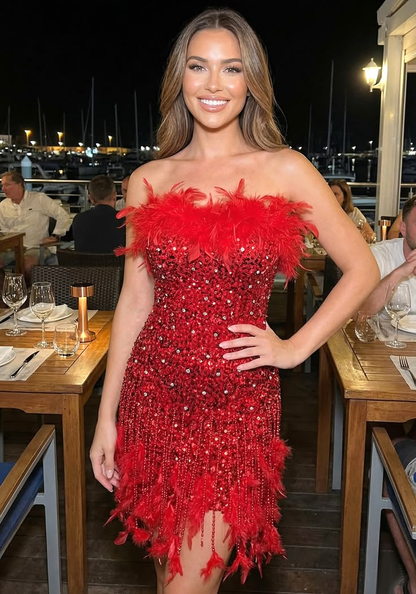 Pretty Strapless Sequin Tassel Feathers Short Party Dress Red Sheath Short Homecoming Dress D4642