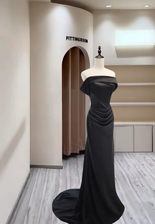 Sexy Strapless Black Satin Pleated Mermaid Long Party Dress Evening Gown D2393