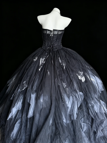 Vintage Strapless Quinceanera Dress Black Gray Tulle Appliques Sweet 16 Dress D5270