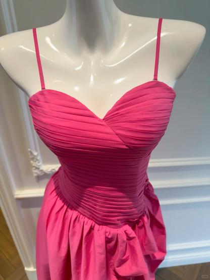 Classy Spaghetti Straps Rose Red Satin Pleated A Line Evening Dress Long Wedding Guest Dress D2980