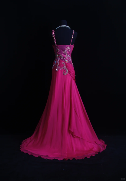 Classy Spaghetti Straps Satin Chiffon Beaded Long Party Dress Hot Pink Mermaid Prom Gown D2857