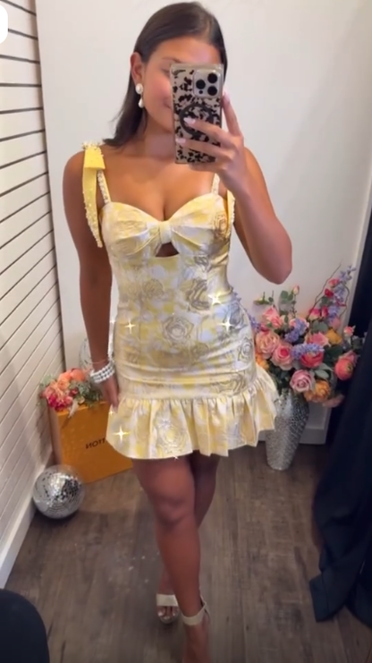 Fashion Spaghetti Straps Yellow Satin Print Floral Short Homecoming Dress Cocktail Dress D4008