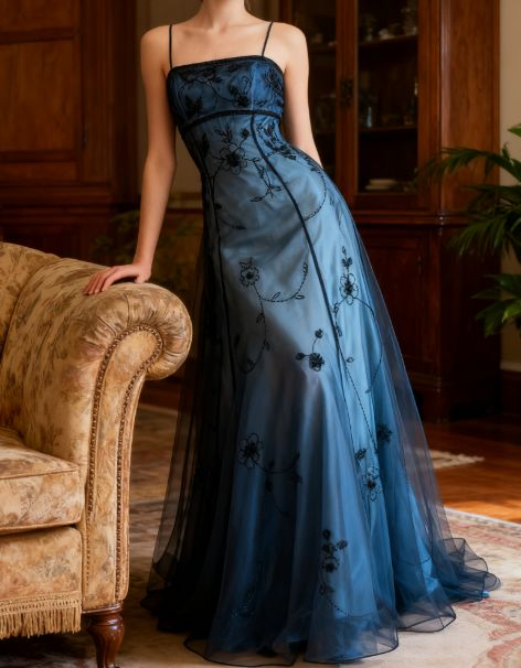 Gorgeous Spaghetti Straps Ombre Blue Tulle Beaded Mermaid Eevening Dress Long Birthday Party Gown D1695