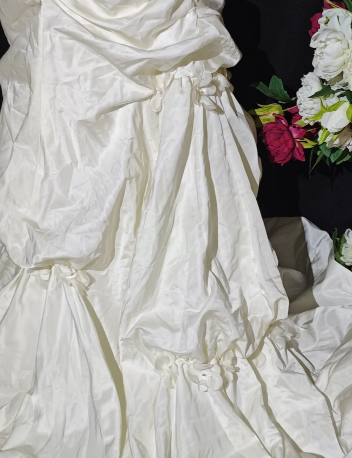 Pretty Ivory Strapless Satin Pleated Appliques Mermaid Party Dress Long Birthday Evening Gown D2363