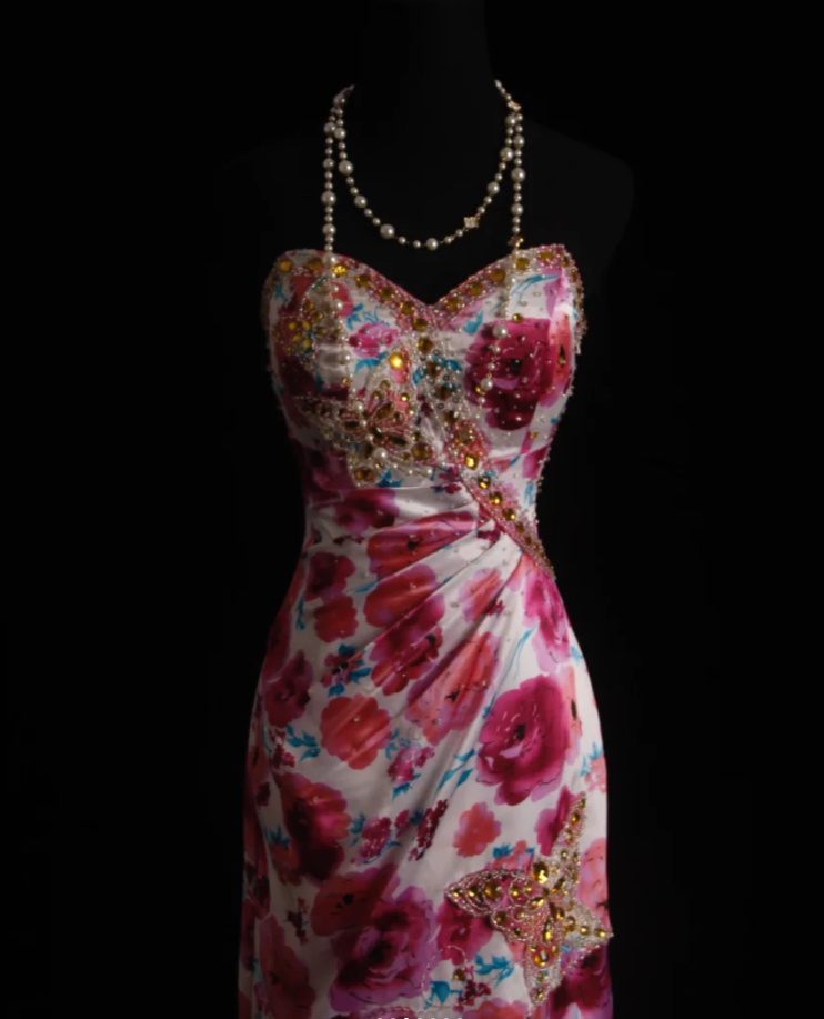 Charming Strapless Satin Floral Beaded Mermaid Long Birthday Prom Dress Evening Dress D2211