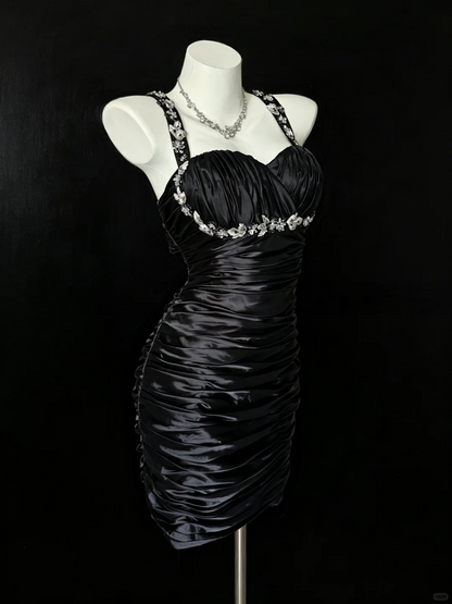 Stylish Spaghetti Straps Satin Pleated Beaded Sheath Short Homecoming Dress Black Short Birthday Outfits D5266
