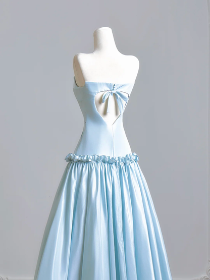 Chic Light Blue Strapless Satin A Line Heart-shaped Backless Long Evening Dress Birthday Prom Dress D2501