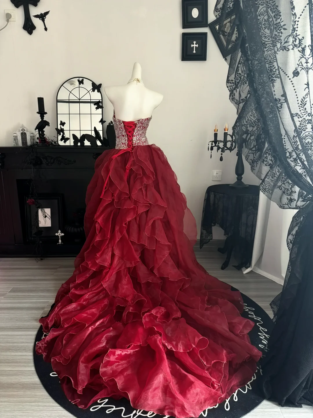 Unique Burgundy Strapless Satin Tulle Ruffles Prom Dress Evening Dress D3723