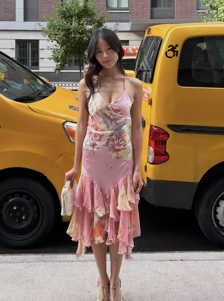 Classy Spaghetti Straps Satin Chiffon Print Floral Long Wedding Guest Dress Pink Long Party Dress D4358
