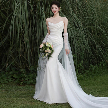 Elegant Mermaid Off The Shoulder White Wedding Dresses With Train Bridal Gowns SD1384