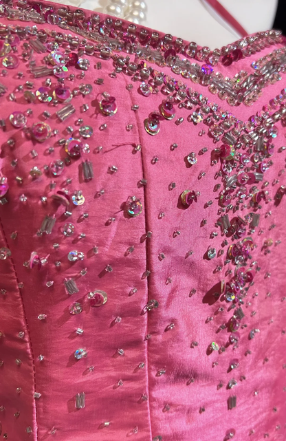 Gorgeous Halter Pink Satin Beaded A Line Long Party Dress Evening Dress D5077
