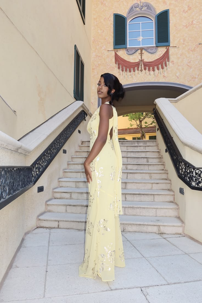 Pretty Yellow Chiffon Long Evening Dress Backless Birthday Party Dress D4962