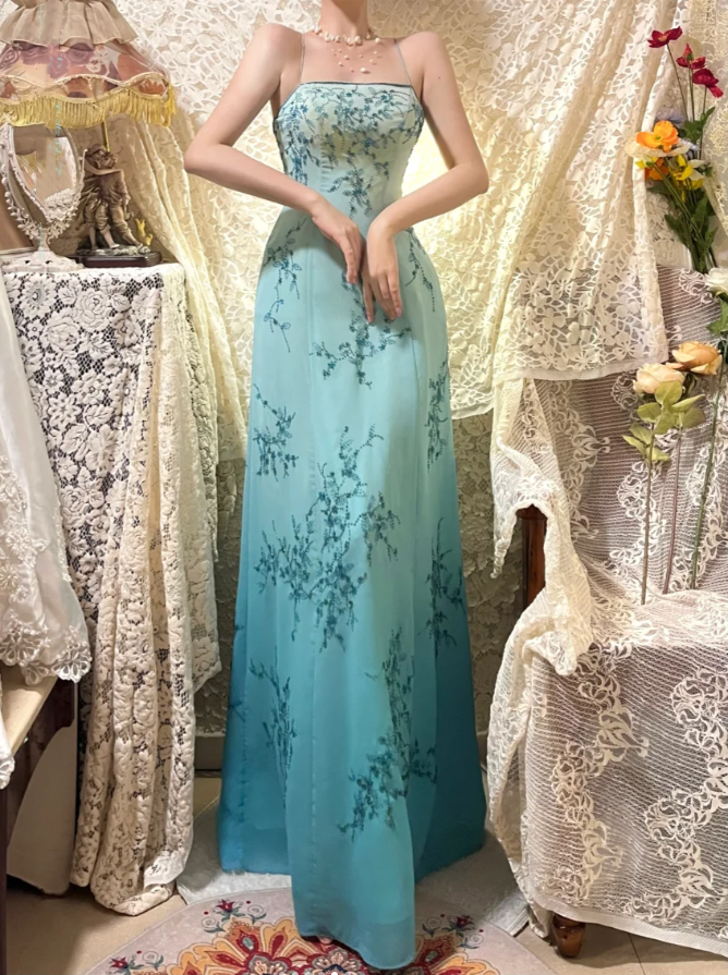 Gorgeous Spaghetti Straps Omber Blue Chiffon Beaded Mermaid Long Party Dress Evening Gown D21118