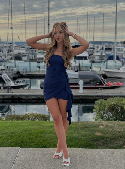Classy Navy Blue Strapless Satin Short Homecoming Dress,Backless Short Party Gown D3395