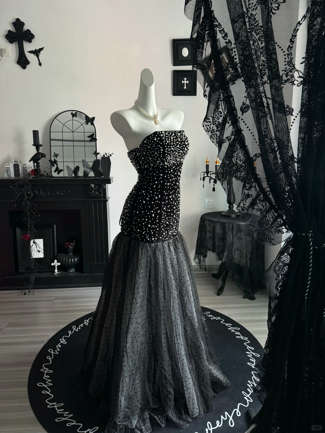 Fashion Black Strapless Tulle Pearls Mermaid Evening Dress Long Wedding Guest Dress D3700