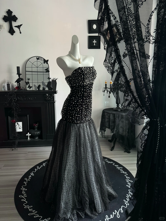 Fashion Black Strapless Tulle Pearls Mermaid Evening Dress Long Wedding Guest Dress D3700
