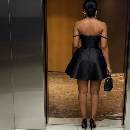 Gorgeous Spaghetti Strap Black Satin Beaded Short Homecoming Dress Cocktail Dress D4659