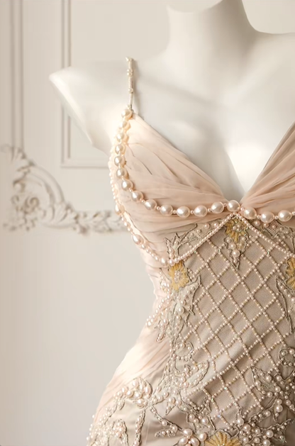Pretty Spaghetti Straps Satin Lace Sheath Midi Party Dress Pink Birthday Prom Dress With Pearls D2716