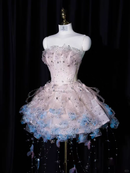 Glitter Strapless Tulle Sequin Beaded Tassel Short 7th Grade Homecoming Dress,Pink Mini Birthday Dress D3135
