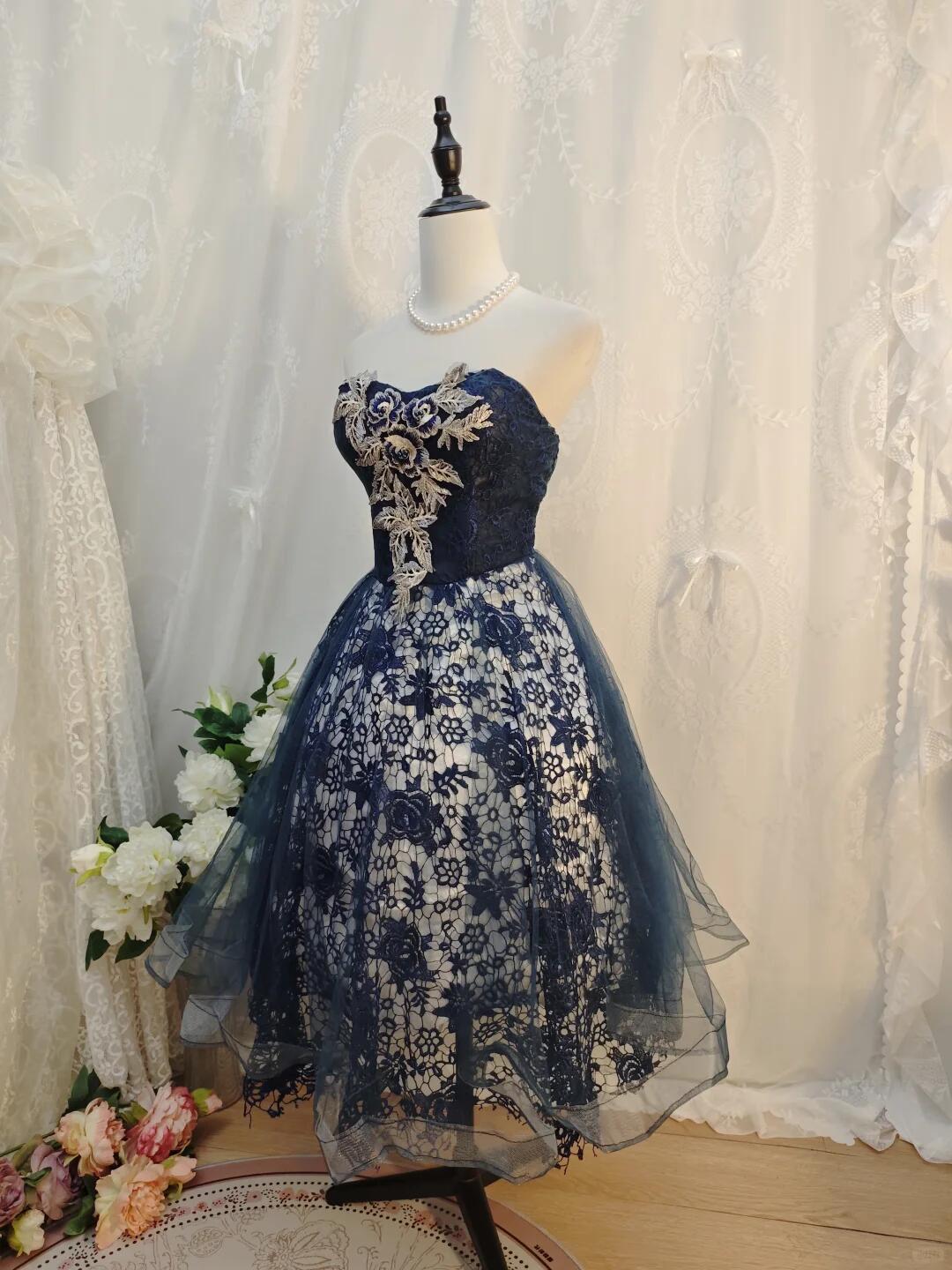 Retro Sweetheart Neck Lace Embroidery Appliques Short Birthday Outfits,Navy Blue Homecoming Dress D3161