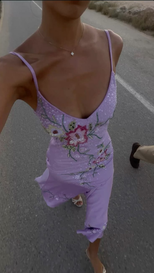 Glamorous Purple Satin Sequin Floral Mermaid Long Party Dress,Spaghetti Straps Prom Gown D3554