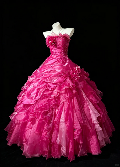 Chic Strapless Ball Gown Hot Pink Satin Tulle Ruffle Sequin Birthday Quinceanera Dress D5286