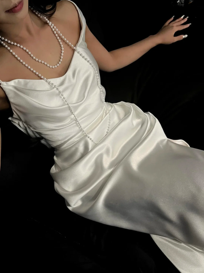 Classy Spaghetti Straps White Satin Long Wedding Dress S654