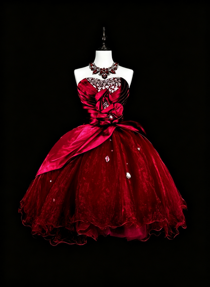 Pretty Red Tulle Satin Beaded A Line Short Homecoming Dress,Strapless Mini 17th Birthday Outfits D4039