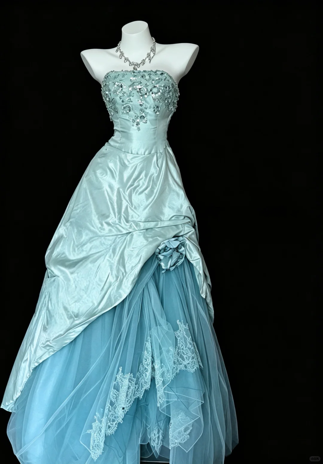 Charming Blue Tulle Satin Sequin A Line Long Evening Dress Strapless Party Gowns D5232
