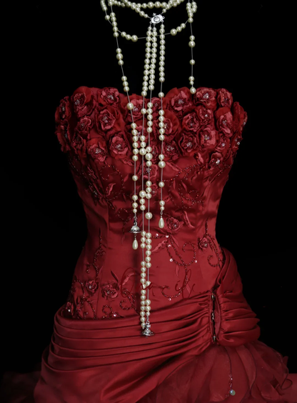 Ball Gown Strapless Burgundy Sleeveless With Applique Women's Dress Satin Long Quinceanera Dresses Sweet 16 Birthday Dresses D4262