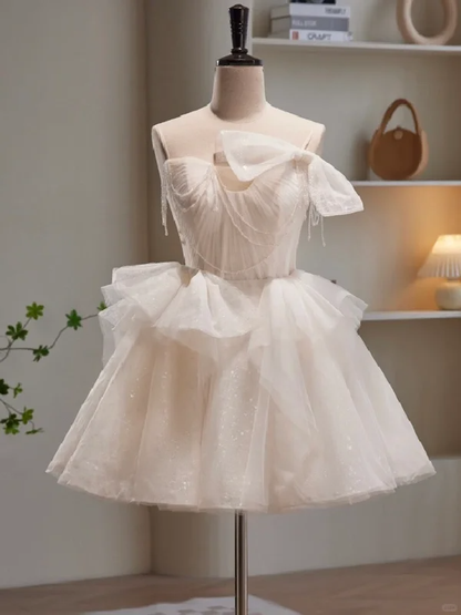 Charming White Tulle Sequin A Line Short Prom Dress Formal 19th Birthday Outfits D598