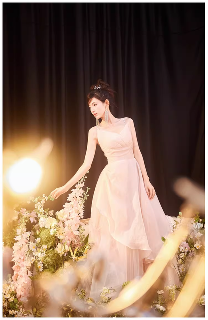 Sweet Pink Spaghetti Straps Tulle Beaded A Line Long Evening Dress Formal 20th Birthday Outfits D2457