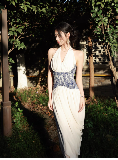 Unique Halter V Neck White Chiffon Pleated Long Prom Dress Birthday Evening Dress D2185