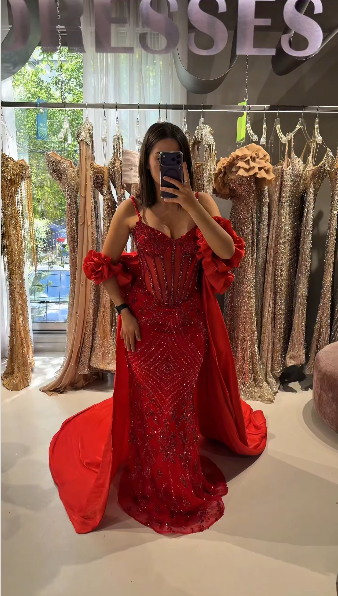 Gorgeous Spaghetti Straps Tulle Beaded Mermaid Long Party Dress Red Long Birthday Evening Gowns D5243