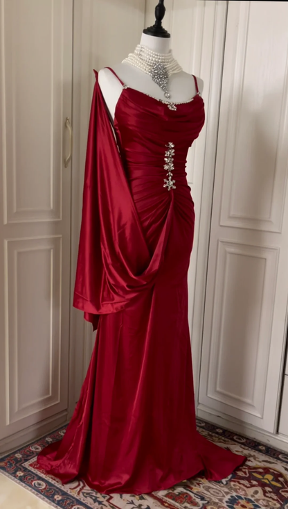 Charming Burgundy Satin Beaded Mermaid Evening Dress,Spaghetti Straps Long Wedding Guest Dress D3110
