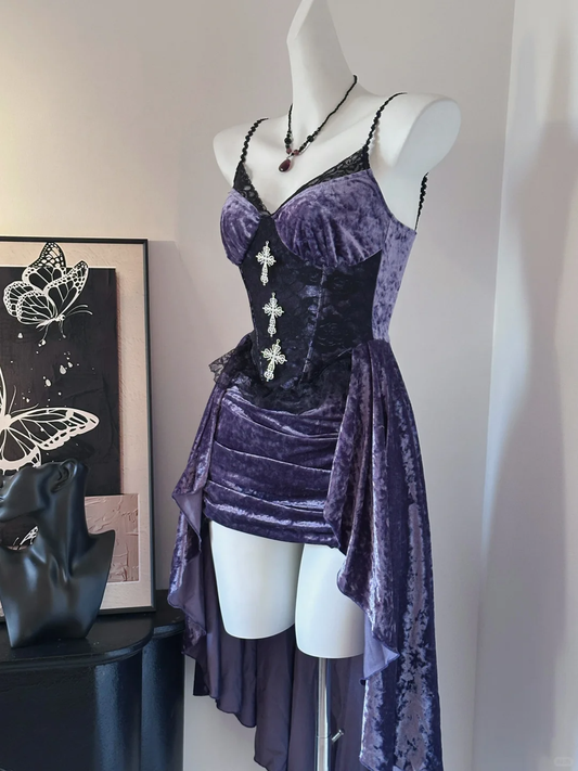 Pretty Spaghetti Straps Purple Velvet Lace Short Birthday Dress Formal Homecoming Dress Cocktail Dress S629