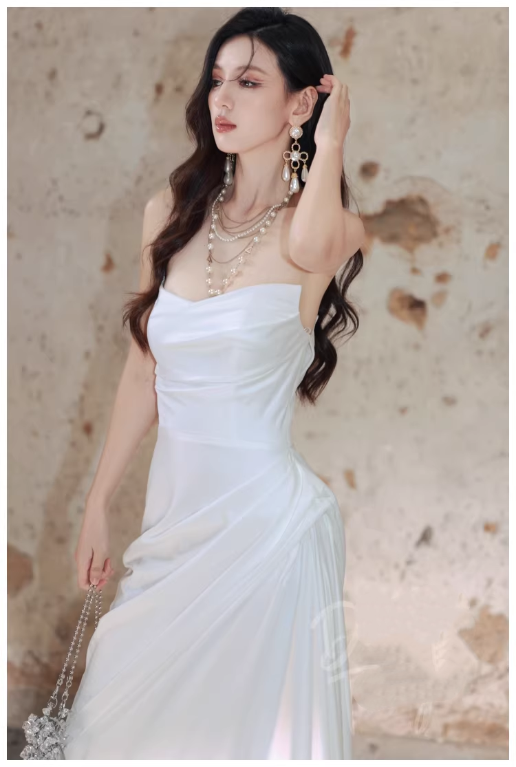 Charming Strapless Satin Pleated Mermaid Long Evening Dress White 19th Birthday Outfits D2410